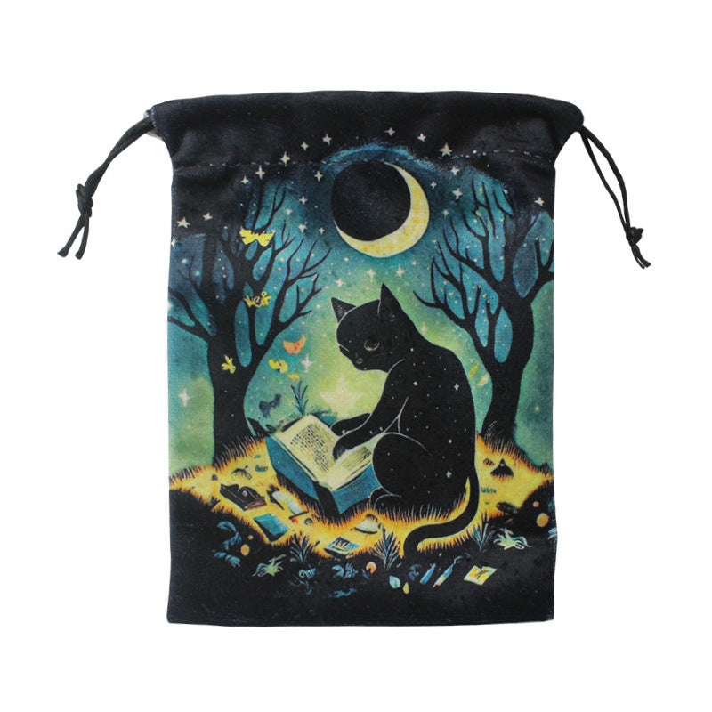 Mystical Black Cat Tarot and Crystal Drawstring Pouch Collection for Spiritual Storage and Protection