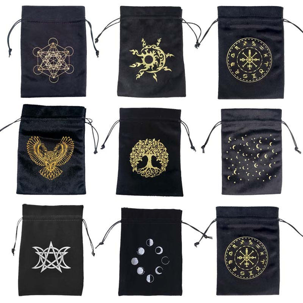 Mystical Wiccan Triple Moon Pentagram Velvet Pouch for Tarot and Rune Storage - Spiritual Jewelry Protection Bag with Symbolic Designs