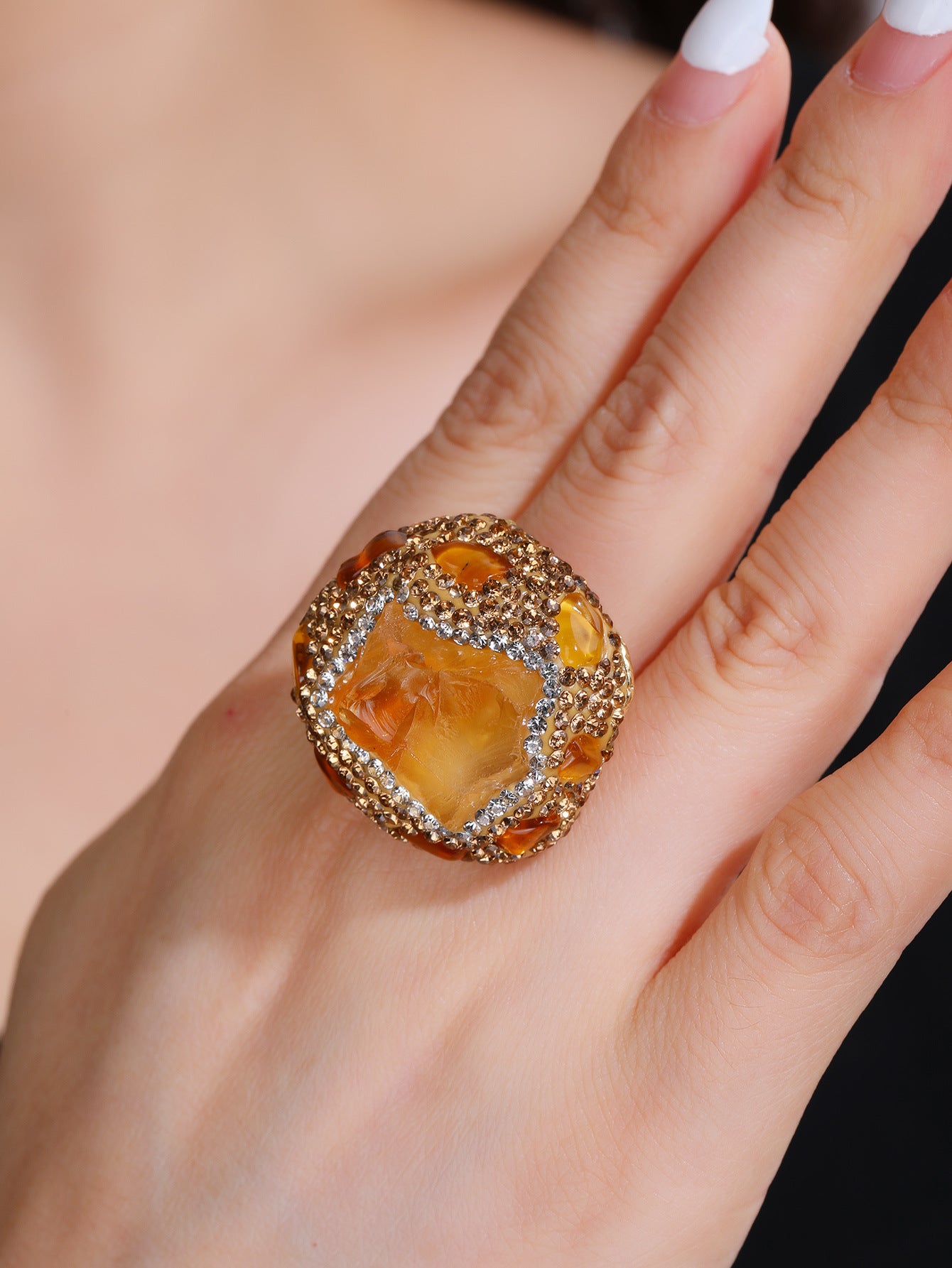 Adjustable Citrine and Amethyst Crystal Rings with Gold-Plated Band for Spiritual Healing, Prosperity, and Protection