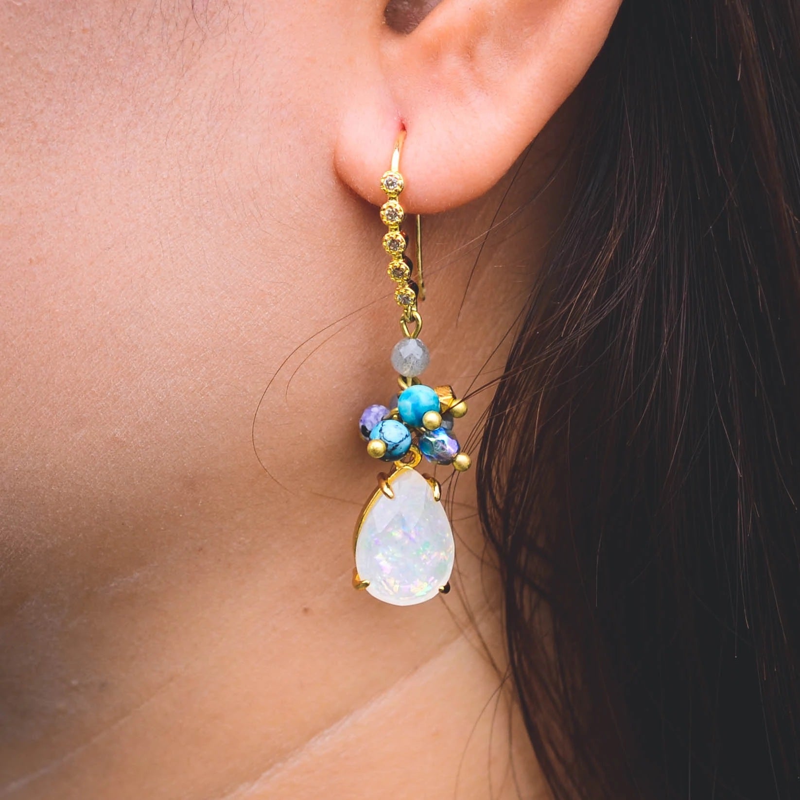 Handcrafted Opal and Turquoise Drop Earrings with Gold Accents for Spiritual Healing and Balance