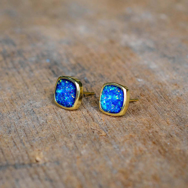 Handcrafted Blue Opal Spiritual Healing Stud Earrings with Gold-Plated Settings for Energy Balance