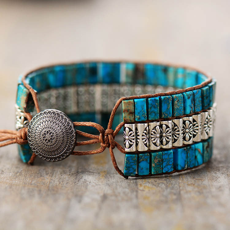 Spiritual Balance Turquoise and Red Jasper Cuff Bracelet with Embossed Silver Accents