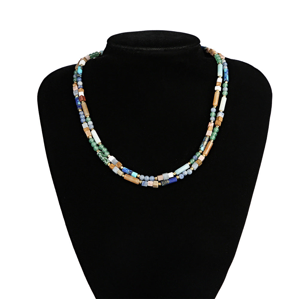 Colorful Multi-Gemstone Necklace with Rectangular Beads for Chakra Alignment and Spiritual Healing"  Long Description