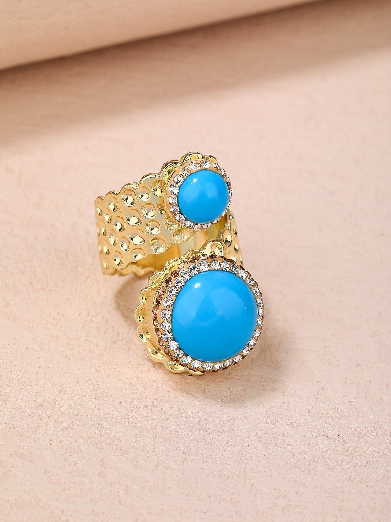 Elegant Double Turquoise Blue Stone Adjustable Ring with Crystal Accents for Spiritual Balance