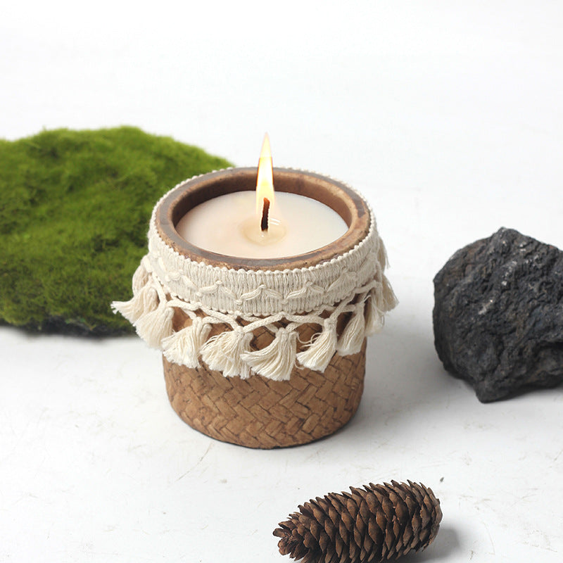 Boho Chic Tassel-Trimmed Natural Soy Candle in Handcrafted Woven Container for Spiritual Healing and Meditation