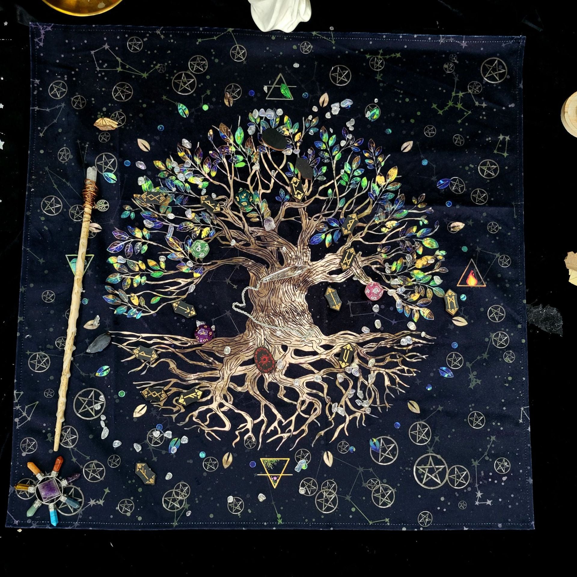 Mystical Tree of Life Tarot Cloth with Celestial Design for Spiritual Divination and Rituals