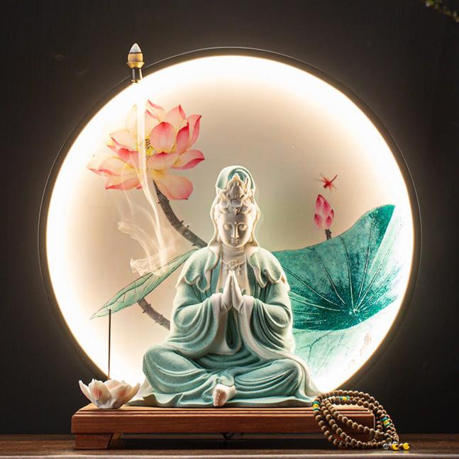 Lotus Blossom Kuan Yin Incense Burner with Backflow Smoke and LED Light Circle for Spiritual Decor