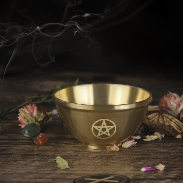 Triple Moon Pentacle Brass Offering Bowl – Sacred Ritual Vessel for Wiccan, Pagan, and Spiritual Practices