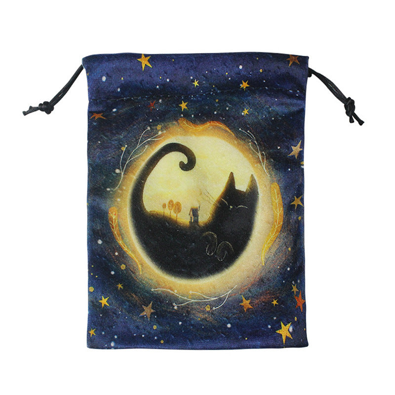 Mystical Black Cat Tarot and Crystal Drawstring Pouch Collection for Spiritual Storage and Protection