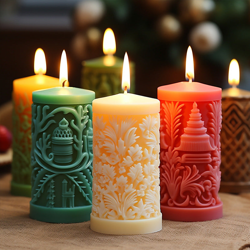 Artisan Sculpted Pillar Candles with Intricate Designs - Decorative Holiday Candles for Spiritual Ambiance and Home Décor