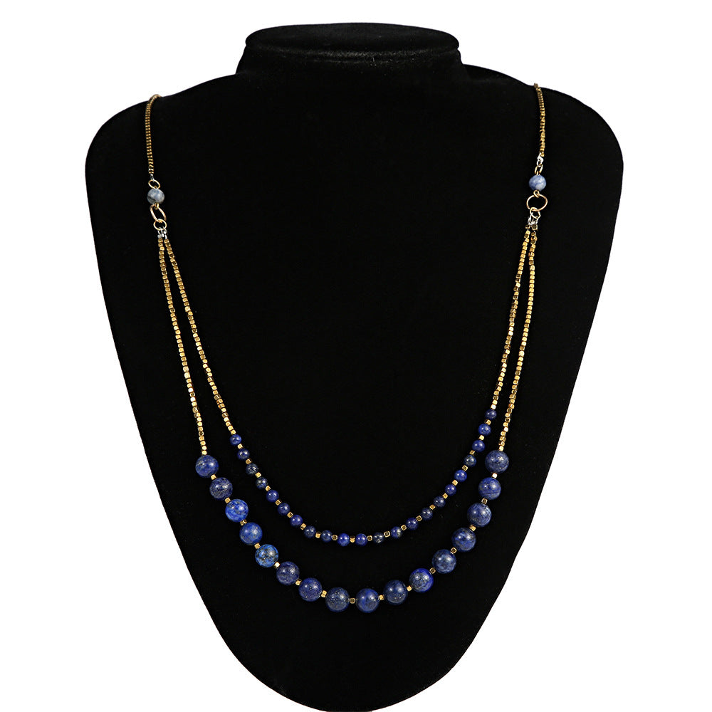 Double-Layered Lapis Lazuli Necklace with Gold Beads for Spiritual Protection and Inner Peace