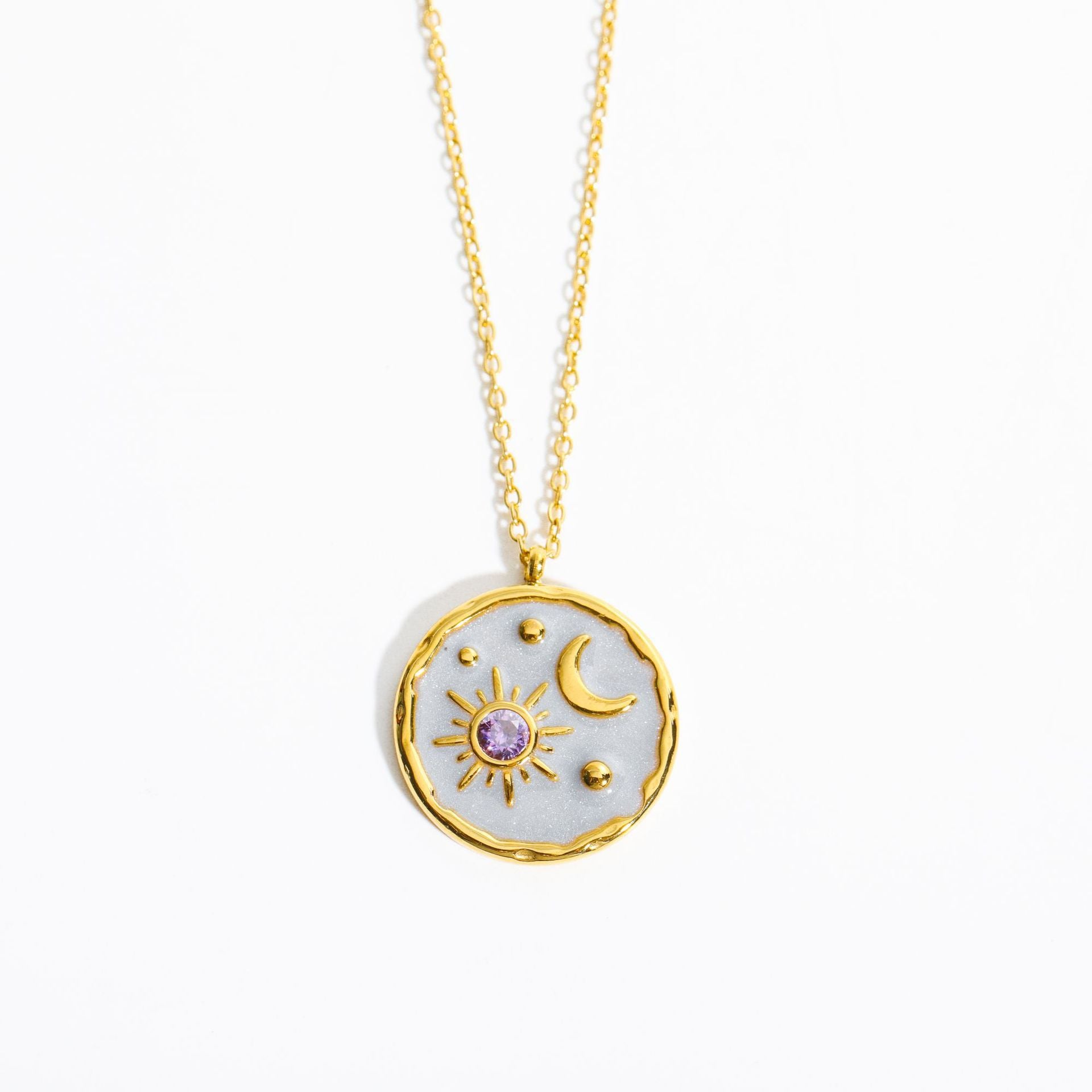 Sun and Moon Celestial Necklace Collection – Gold-Plated Cosmic Pendant with Gemstone Accent