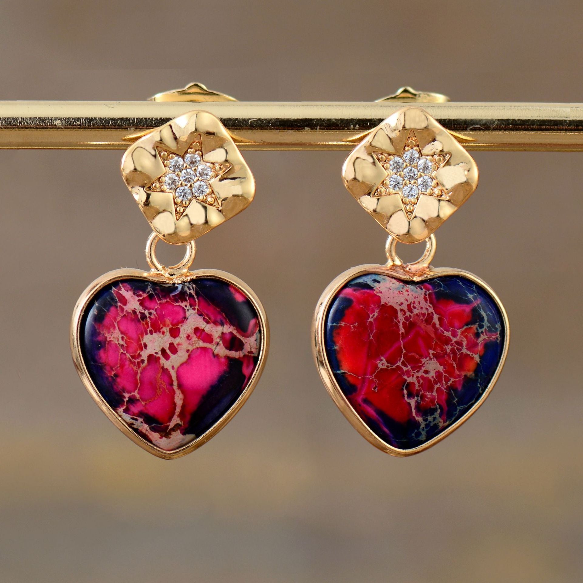 Heart-Shaped Red Jasper and Gold-Plated Love Energy Earrings for Passion and Protection