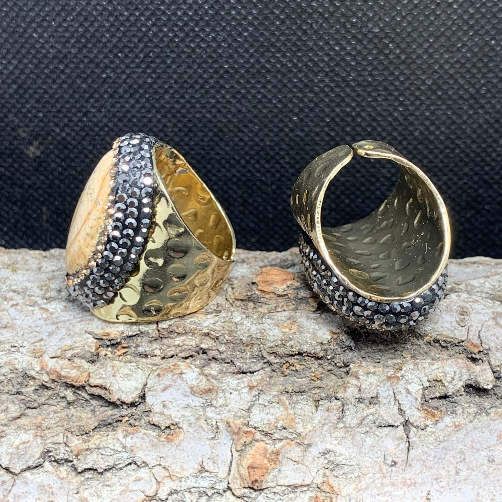 Natural Earth-Toned Jasper Stone Statement Ring with Gold and Black Crystal Accents