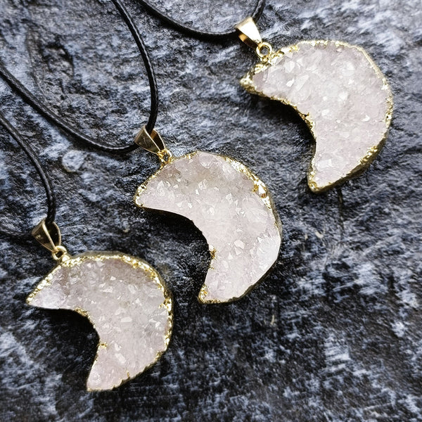 Raw Amethyst Crescent Moon Crystal Necklace for Healing and Intuition with Gold Accents