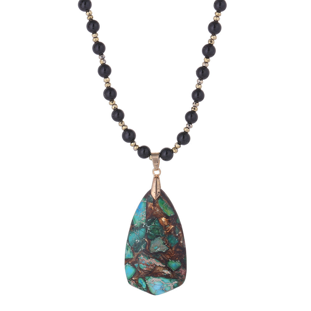 Handcrafted Black Bead Necklace with Multicolored Turquoise Pendant for Grounding and Protection