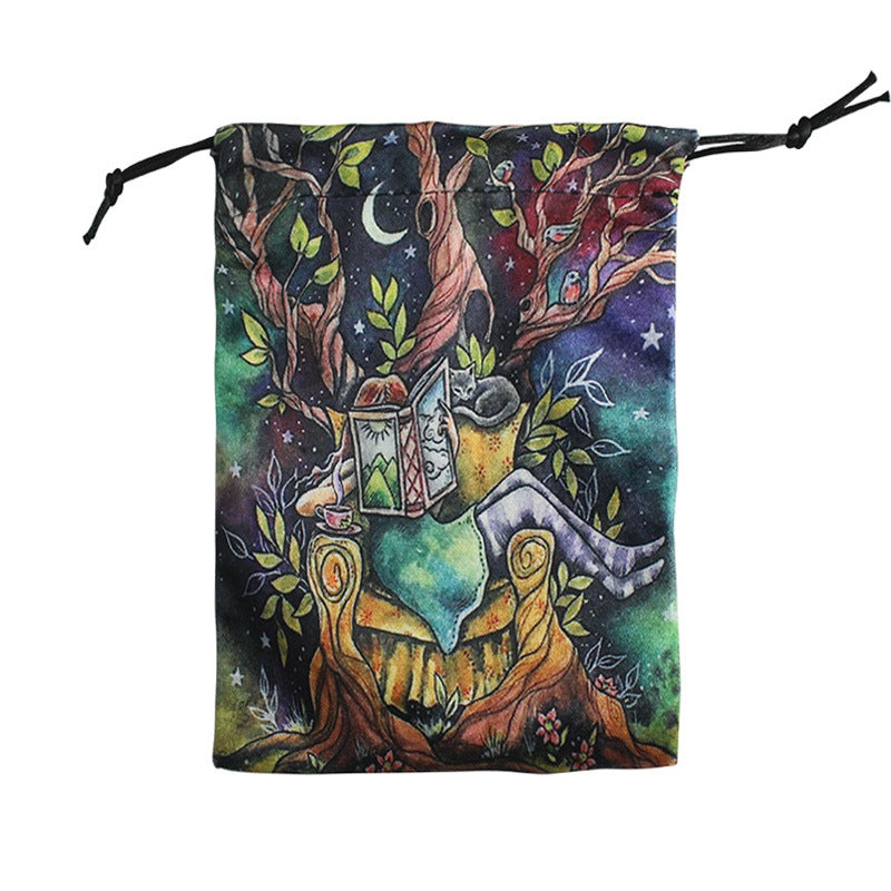 Celestial Night Sky Velvet Tarot Pouch with Vibrant Animal and Nature Art – Spiritual Divination Storage Bag