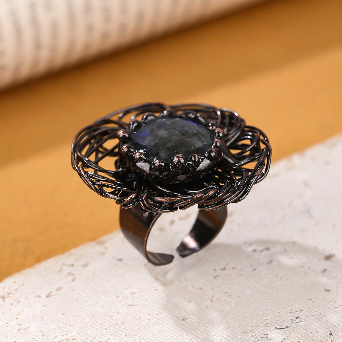 Artisan Labradorite Flower Ring with Intricate Black Wire Design for Mystical Protection and Intuition Boost