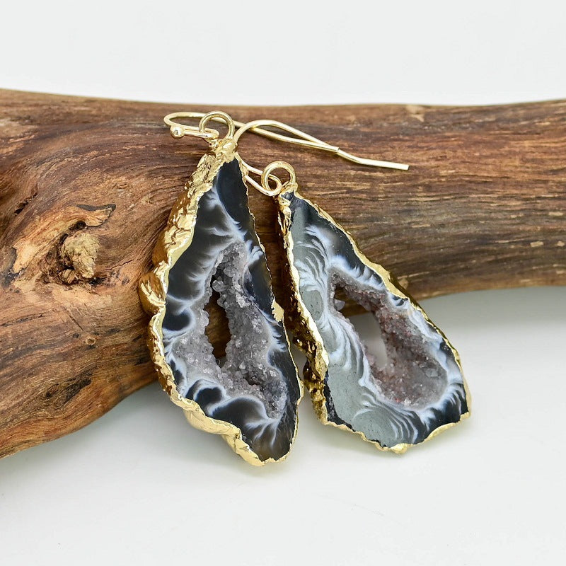 Handcrafted Geode Slice Earrings with Gold-Plated Edges for Spiritual Energy and Protection