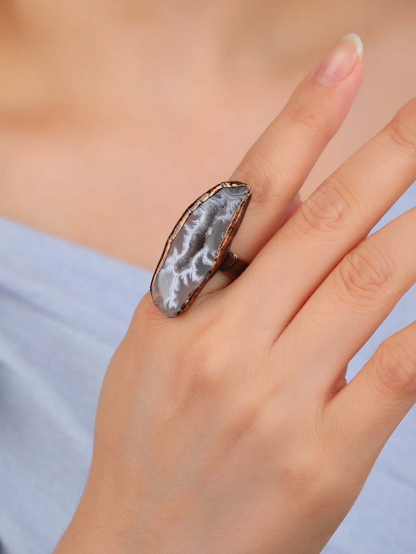 Handcrafted Dendritic Agate Crystal Ring with Copper Band for Spiritual Grounding and Inner Stability