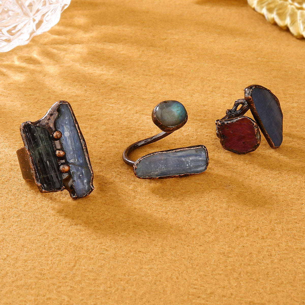 Unique Trio of Mixed Crystal Rings with Raw Kyanite, Labradorite, and Ruby Stones for Healing, Protection, and Intuition