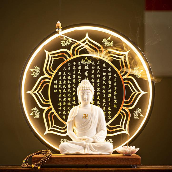 Enlightened Buddha Meditation Incense Burner with Illuminated Mantra Halo and Lotus Holder