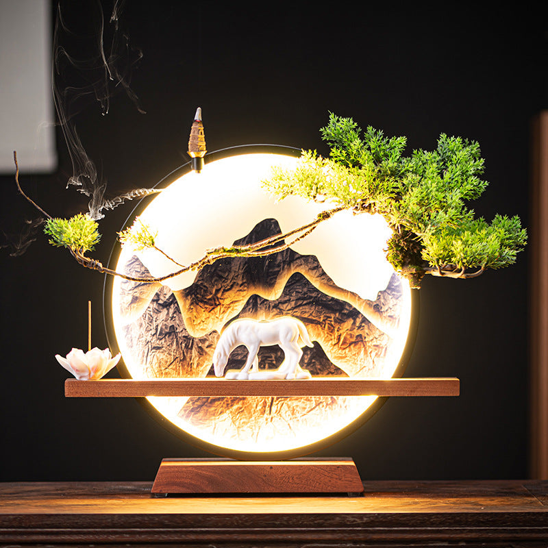 Mountain Serenity LED Incense Burner – Tranquil Backflow Holder with Horse Figurine and Bonsai Tree Decor