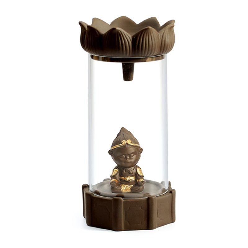 Monk in Glass Cylinder Backflow Incense Burner with Lotus Design – Tranquil Aromatherapy and Meditation Decor