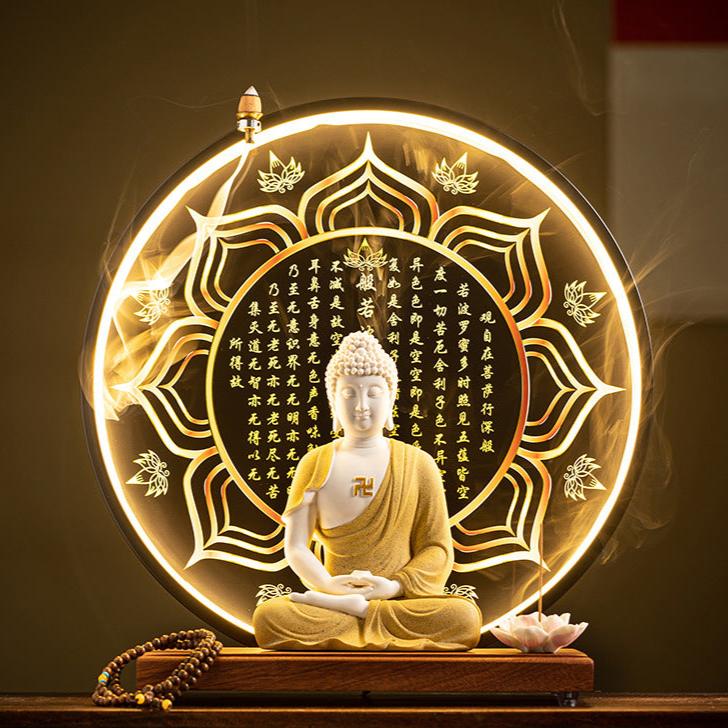 Enlightened Buddha Meditation Incense Burner with Illuminated Mantra Halo and Lotus Holder