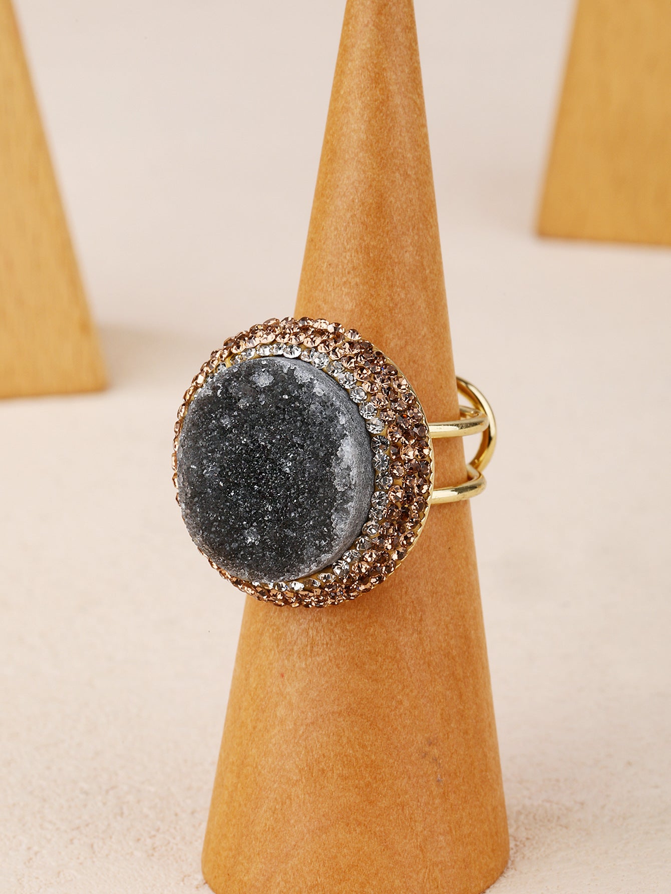 Stunning Black Druzy Crystal Ring with Gold-Plated Adjustable Band for Grounding and Energy Amplification