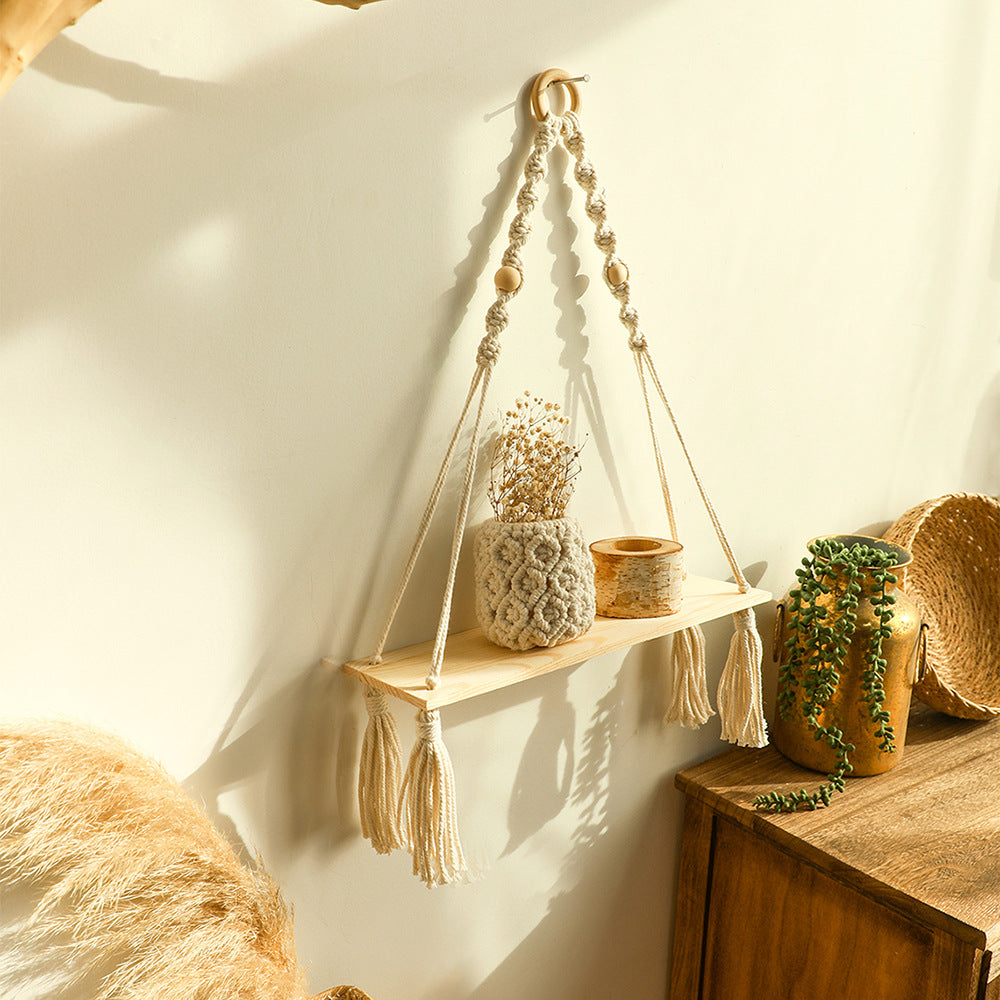 Boho Macrame Hanging Shelf - Natural Wood Tassel Decor