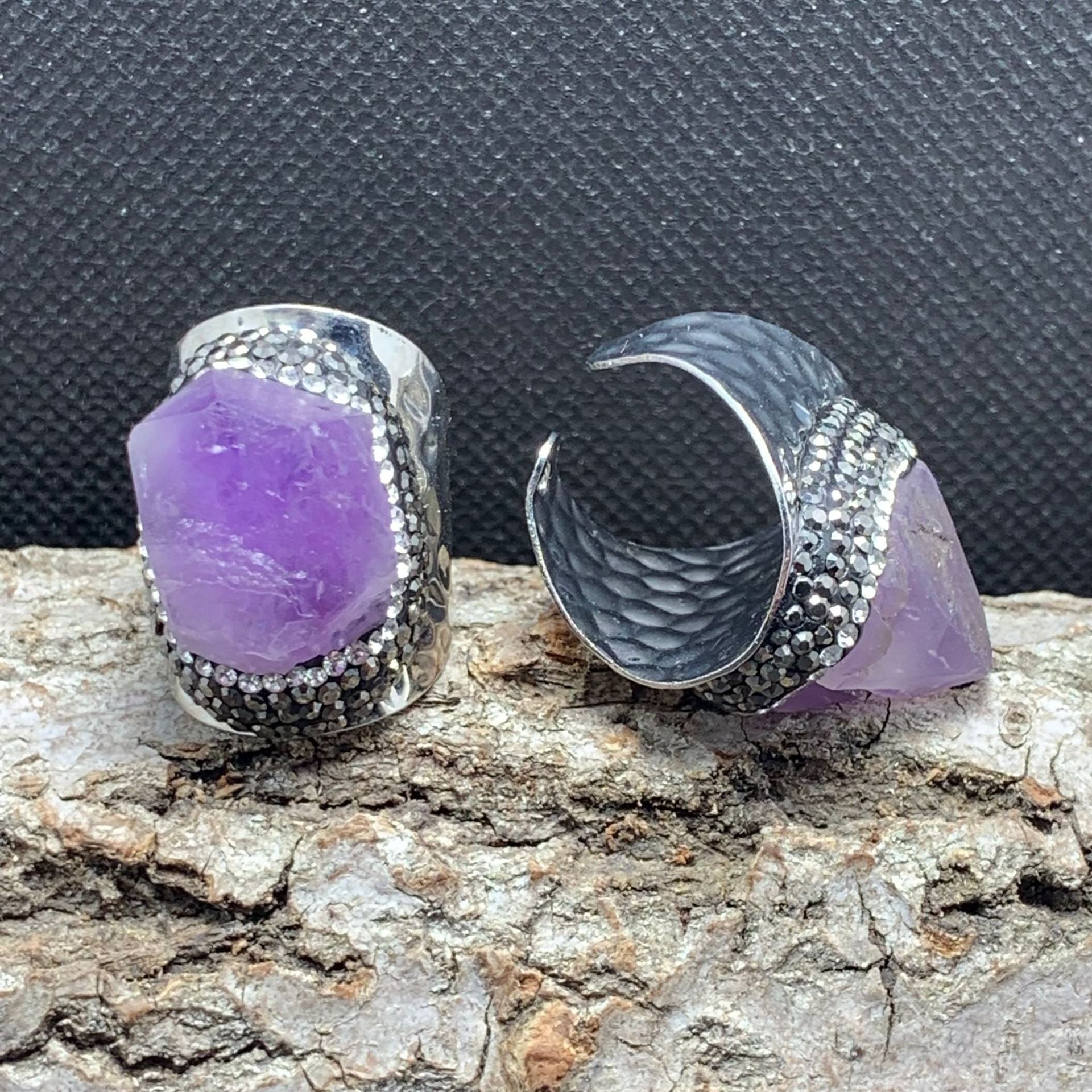 Amethyst Crystal Healing Ring with Silver Accents - Spiritual Energy Jewelry