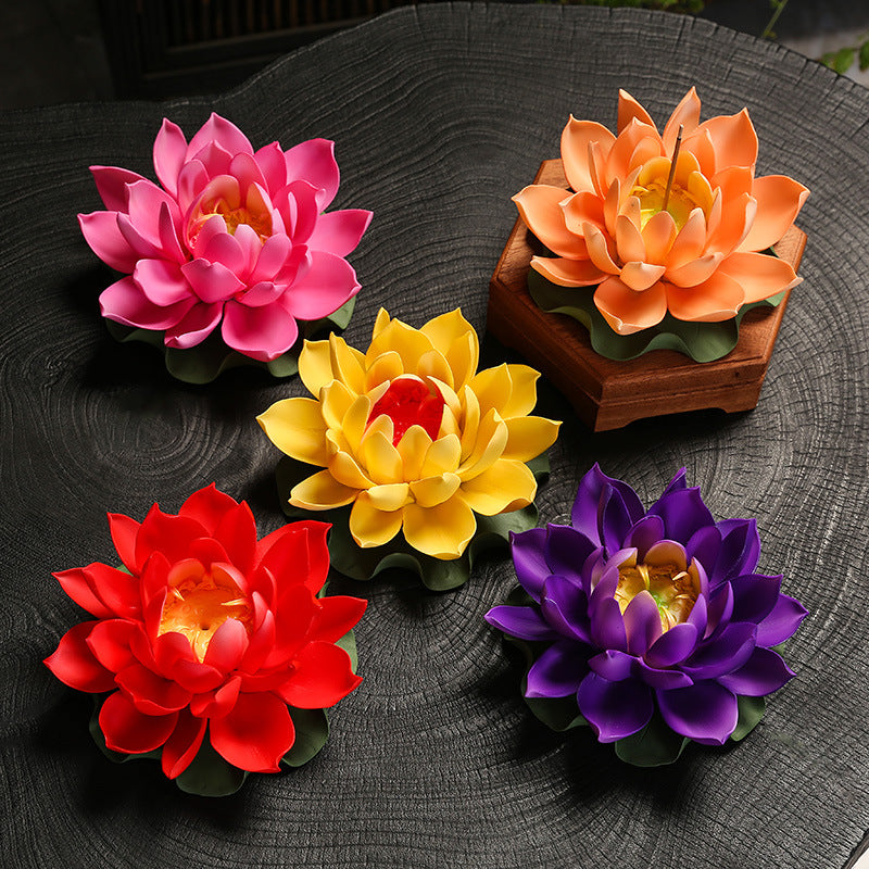 Vibrant Lotus Flower Incense Holder – Handcrafted Ceramic Backflow Burner for Tranquil Meditation and Home Decor