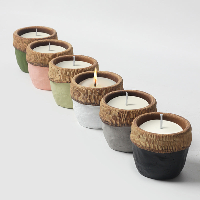 Handcrafted Rustic Ceramic Candle with Woven Rim – Earthy Green, Pink, Deep Black, and Neutral Shades for Tranquil Spiritual Ambiance