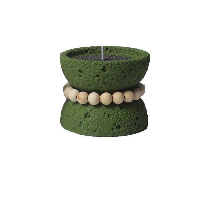 Rustic Textured Candle Bowl with Natural Wood Beads - Handcrafted Spiritual Decor