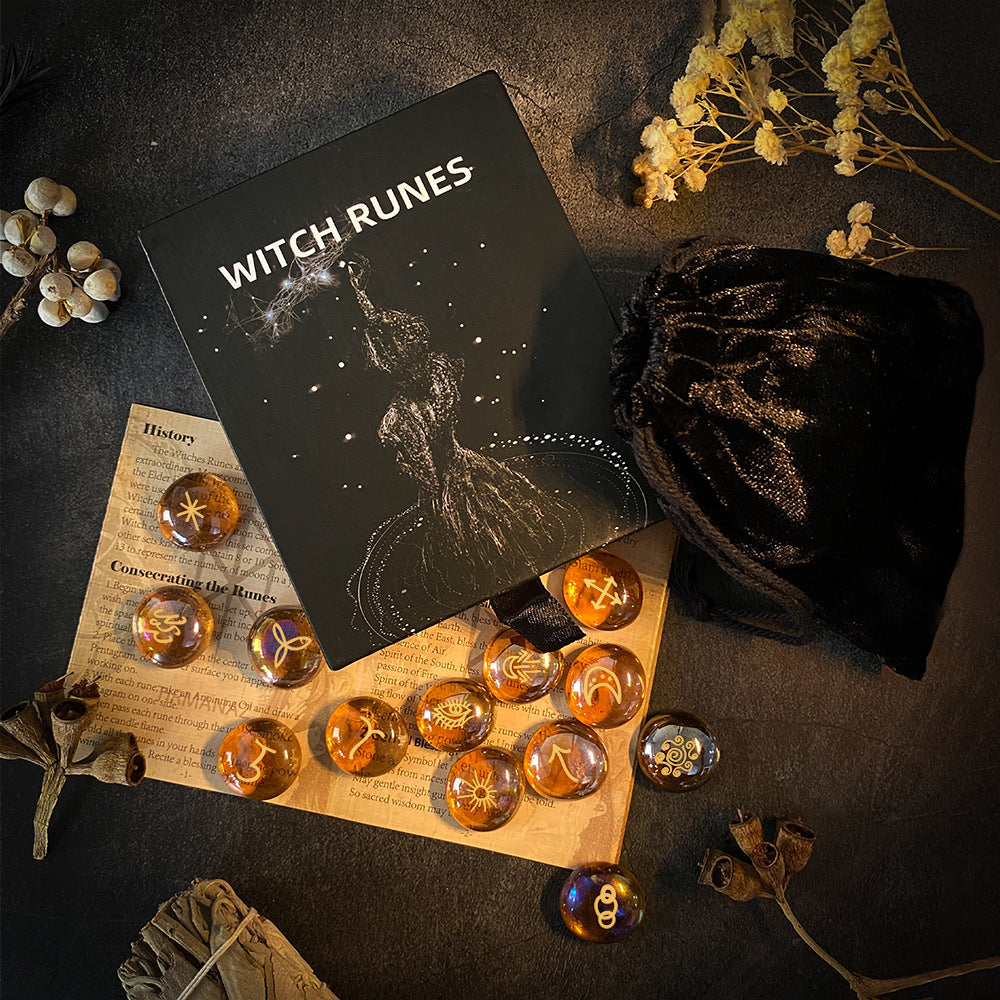 Magical Witch Runes Divination Set with Beginner’s Guide – 13 Glass Stones for Spiritual Guidance and Spell Casting