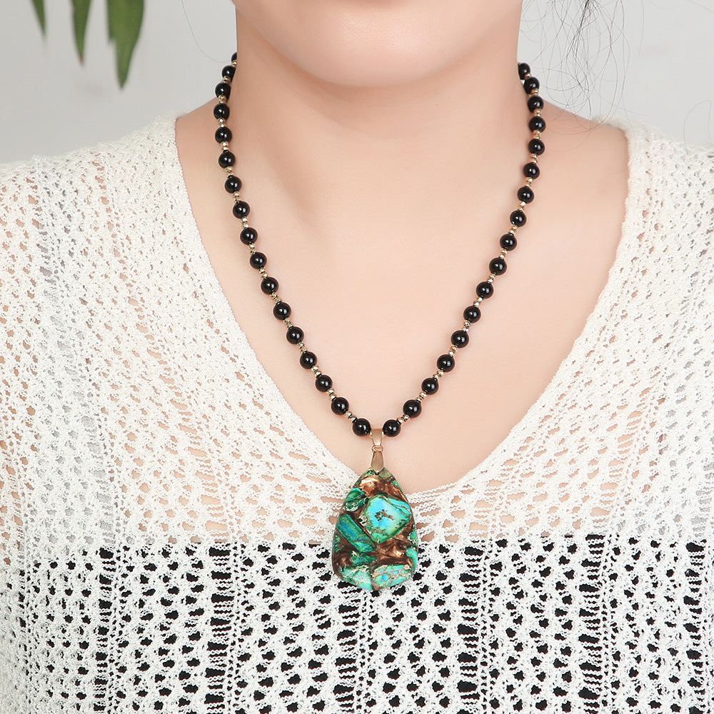 Handcrafted Black Bead Necklace with Multicolored Turquoise Pendant for Grounding and Protection