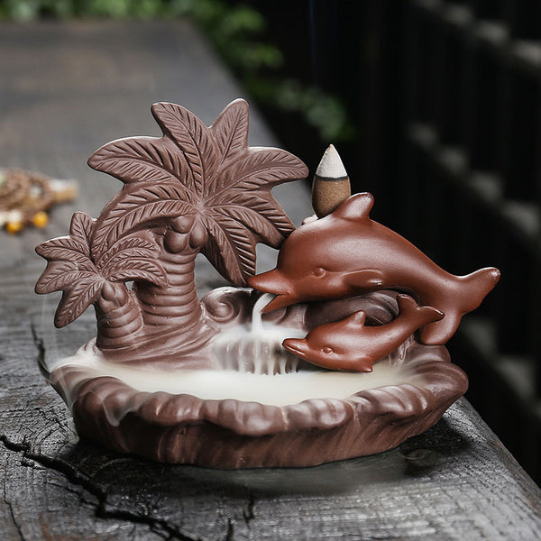 Dolphin and Palm Tree Backflow Incense Burner for Meditation, Relaxation, and Coastal Zen Decor