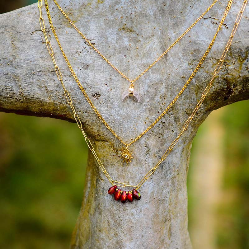 Triple Layered Amethyst, Sunburst, and Red Crystal Necklace Set for Spiritual Energy and Healing