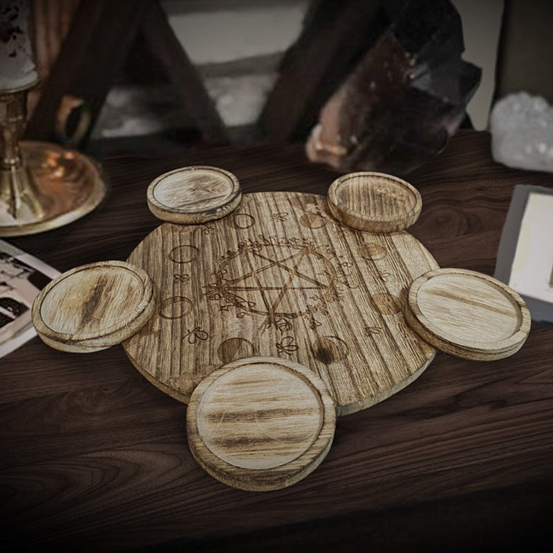 Handcrafted Wooden Altar Pentacle Plate with Engraved Symbolism for Wiccan and Pagan Rituals, Altar Setup, and Sacred Space Decor