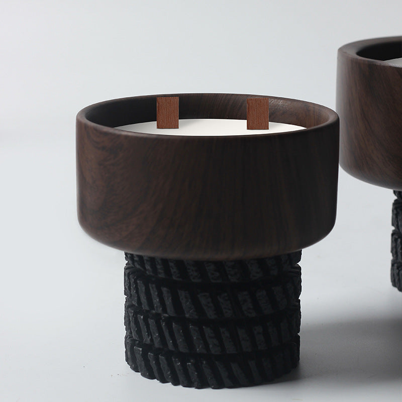 Rustic Wooden and Textured Black Candle Holder Set for Meditation and Spiritual Decor