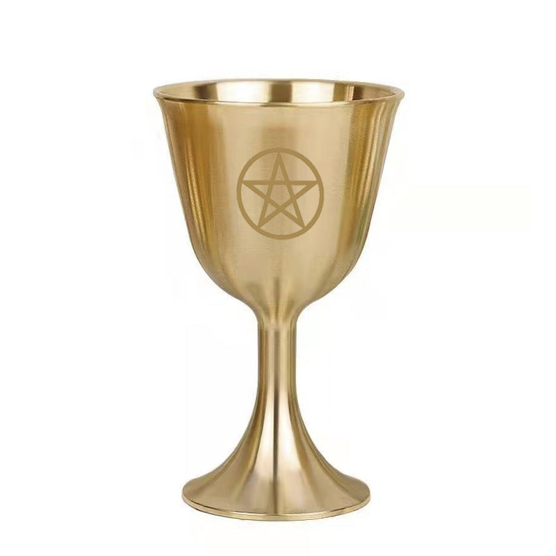 Golden Wiccan Chalice with Triple Moon and Pentacle Symbol for Rituals and Spiritual Ceremonies