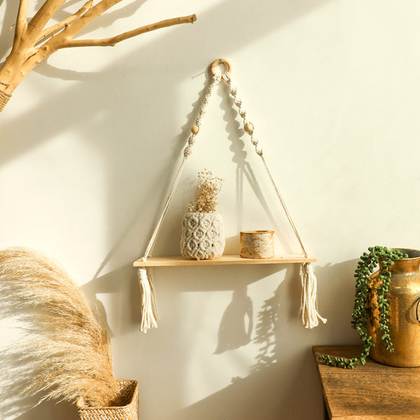 Boho Macrame Hanging Shelf - Natural Wood Tassel Decor