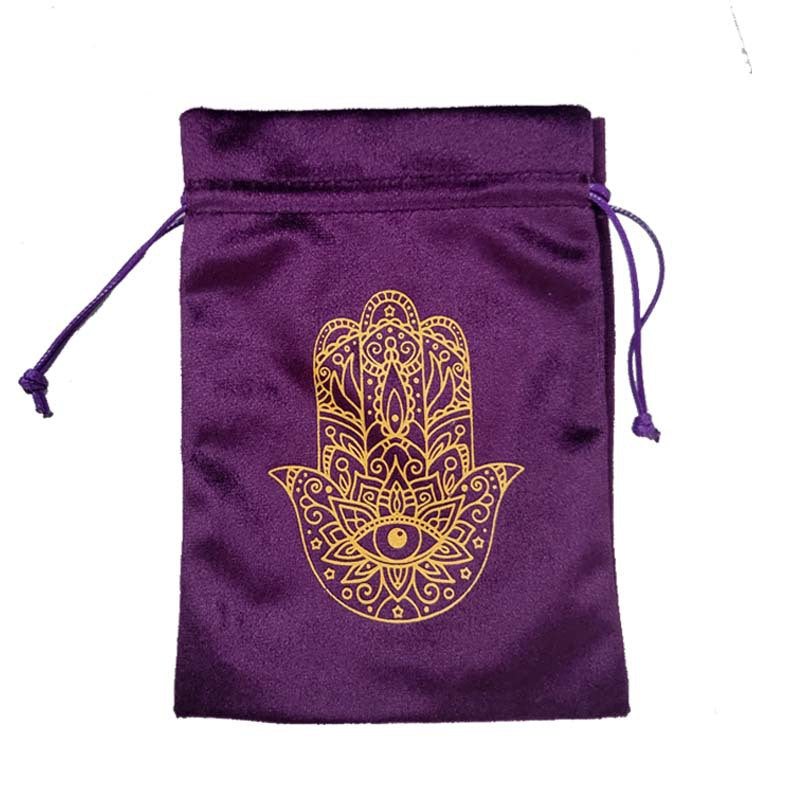 Velvet Tarot and Crystal Pouches with Sacred Symbols – Owl, Tree of Life, and Hamsa Hand for Spiritual Tools and Altar Accessories