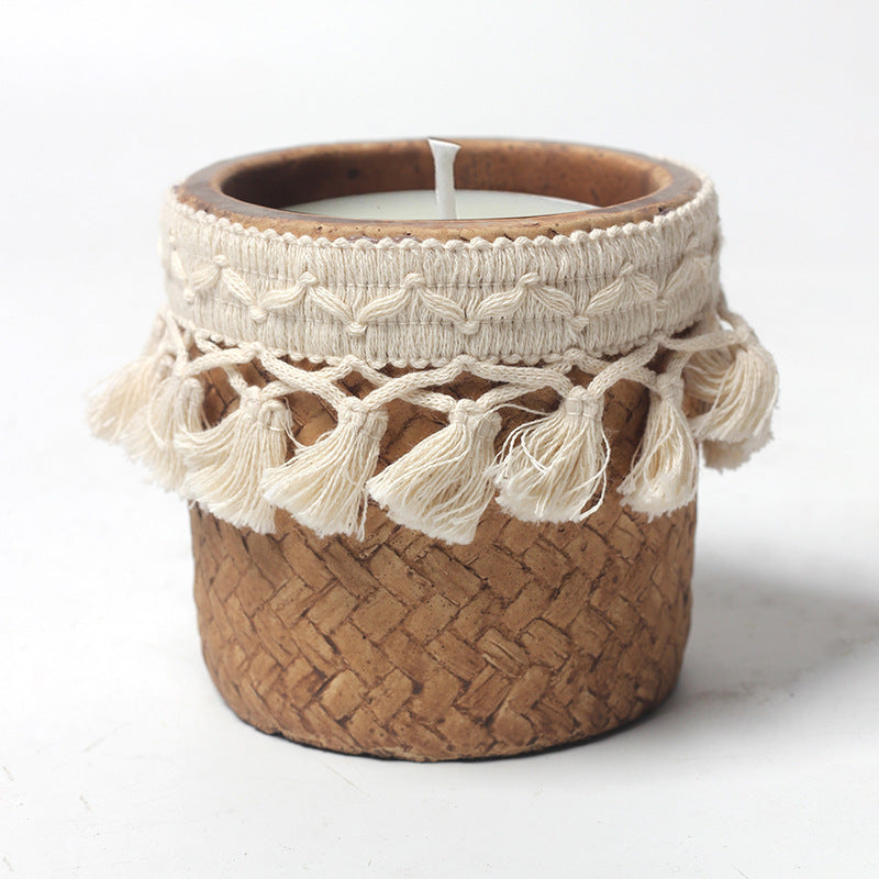 Boho Chic Tassel-Trimmed Natural Soy Candle in Handcrafted Woven Container for Spiritual Healing and Meditation