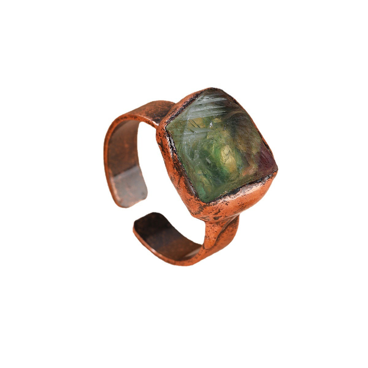 Handcrafted Green Fluorite Healing Ring with Rustic Copper Band for Emotional Balance and Spiritual Clarity