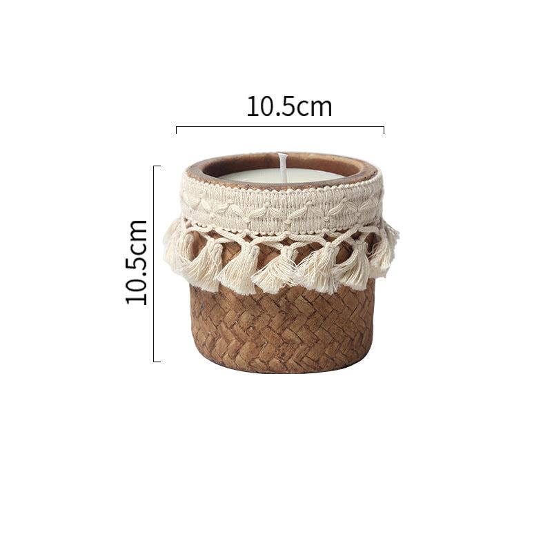 Boho Chic Tassel-Trimmed Natural Soy Candle in Handcrafted Woven Container for Spiritual Healing and Meditation