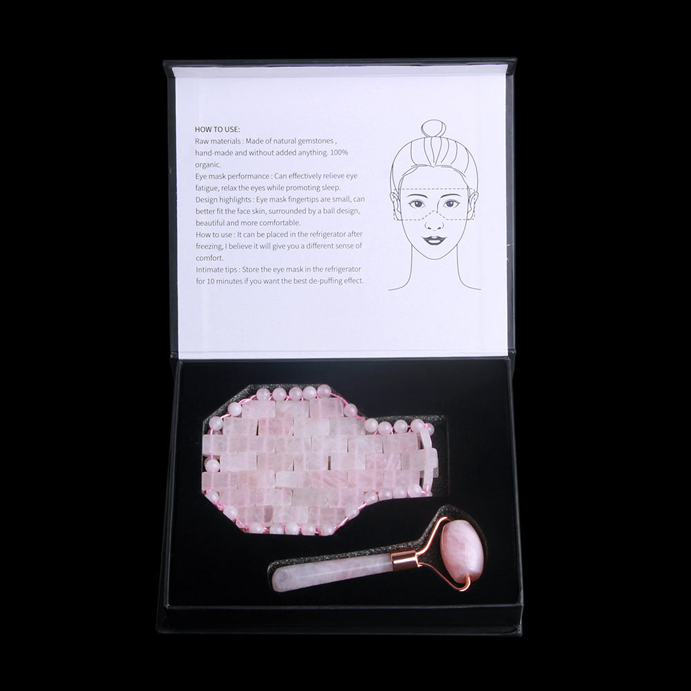 Rose Quartz Crystal Eye Mask and Facial Roller Set – Luxurious Jade Massage Tool for Soothing Eye Therapy and Skin Rejuvenation