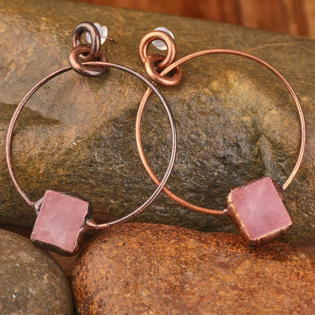 Square Rose Quartz Circle Earring