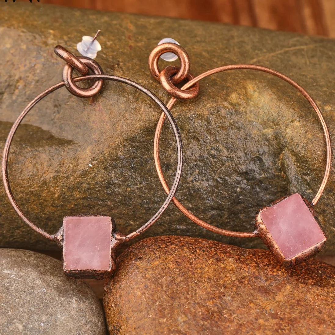 Square Rose Quartz Circle Earring